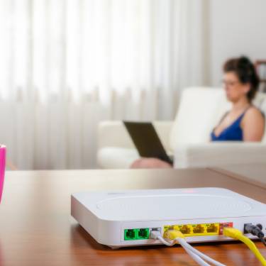 A home internet router sitting on the table with a snake plant in a pink pot. The homeowner is on the couch behind the table.